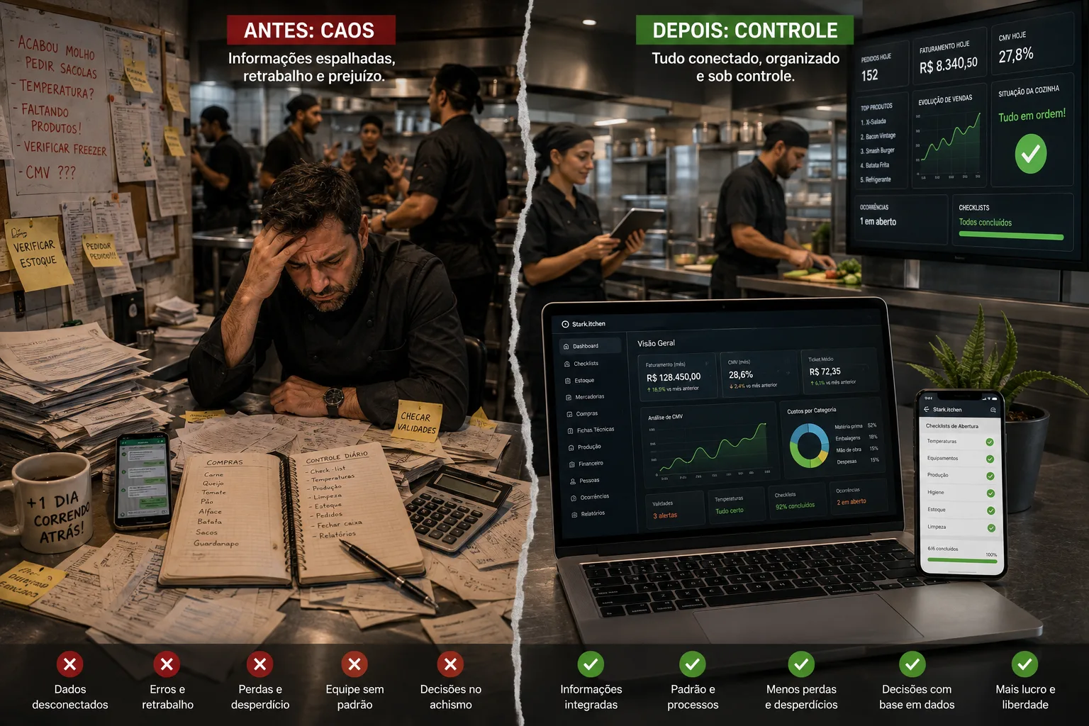 Comparação visual entre uma operação caótica e uma operação organizada e conectada