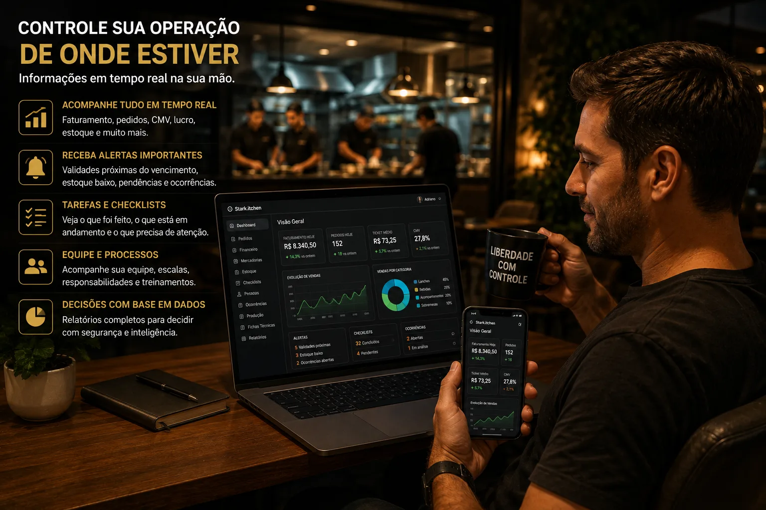 Dono acompanhando uma cozinha organizada por notebook e celular