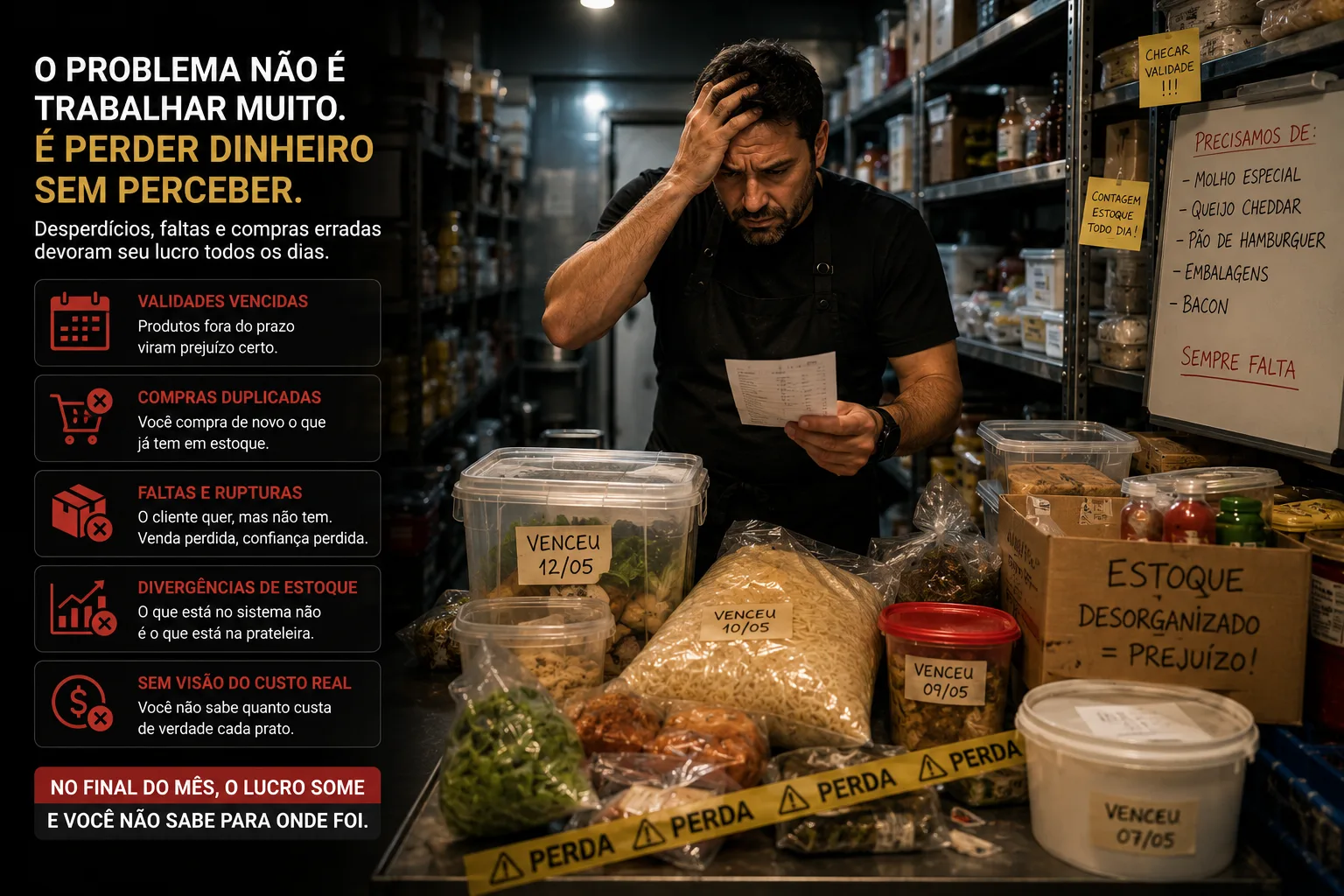 Estoque desorganizado representando perdas, vencimentos, faltas e divergências